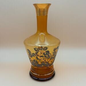 Vintage Amber Glass Decorative Bottle with Gold Floral Accents